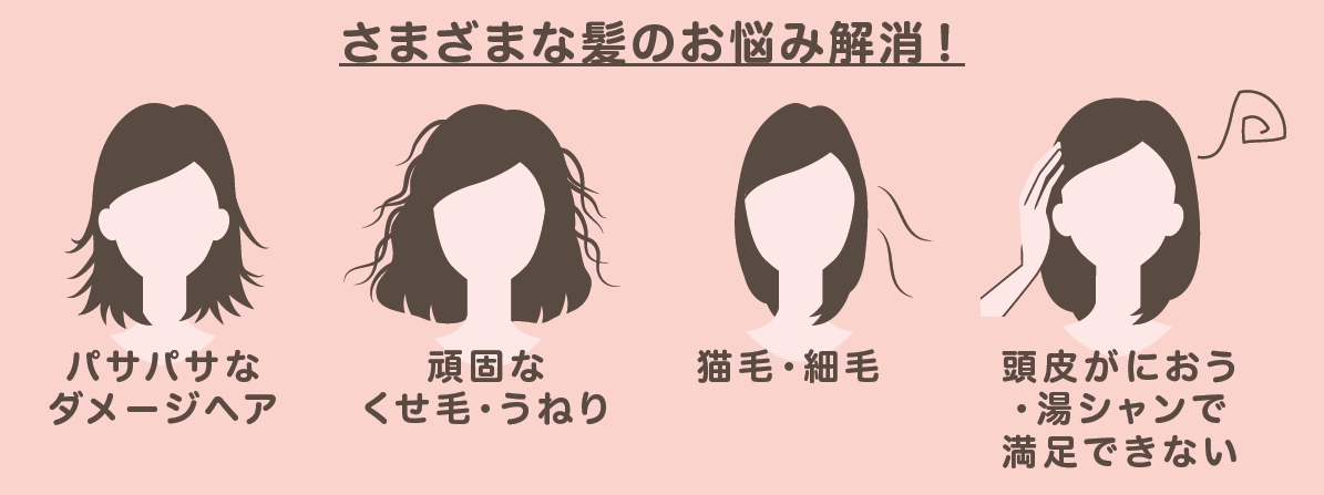 さまざまな髪のお悩み解消！パサパサなダメージヘア、頑固なくせ毛・うねり、猫毛・細毛足、頭皮がにおう、・湯シャンで満足できない
